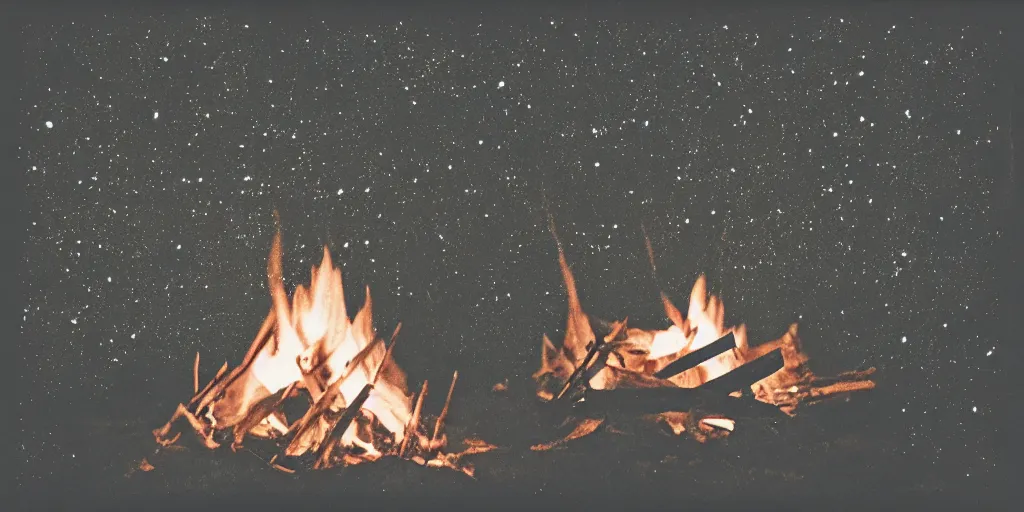 Prompt: a campfire under the stars, 1940s faded risograph print, limited color palette, earthtones, double-exposure