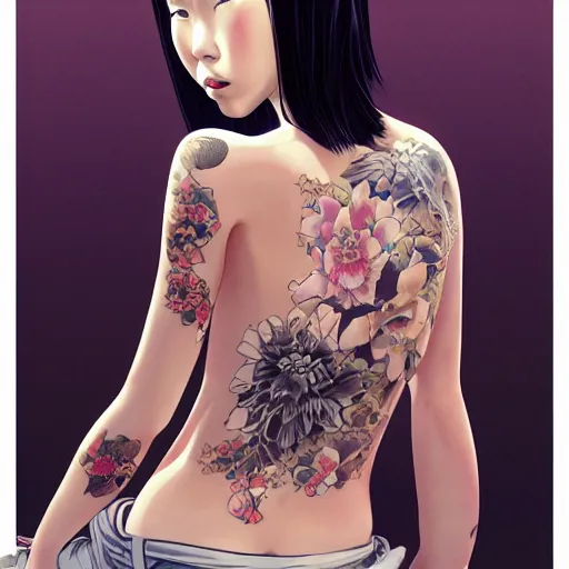 Prompt: a young and beautiful yakuza girl sitting with her back uncovered dropping her kimono, looking backwards, with a beautiful big tattoo painted on her bare back, character art, illustration, elegant, 2d, ultra highly detailed, digital painting, smooth, sharp focus, artstation, pixiv, art by Ilya Kuvshinov The seeds for each individual image are: [989946315, 4170442924, 4072791354, 351273538, 1086280958, 2419826543, 2927796711]