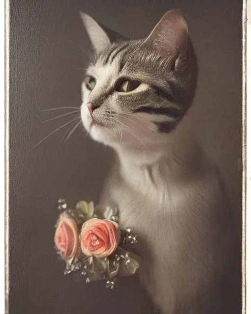 Prompt: portrait of a cat wearing a tiara, in the style of the dutch masters and gregory crewdson, dark and moody