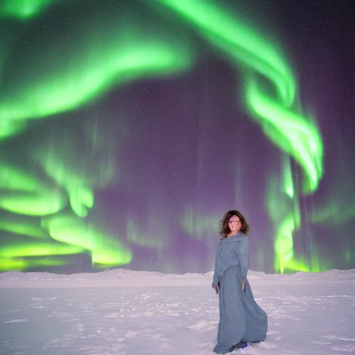 Image similar to closeup portrait of a woman wrapped in plastic, standing in stewart island in new zealand, aurora australis southern lights in background, color photograph, by vincent desiderio, canon eos c 3 0 0, ƒ 1. 8, 3 5 mm, 8 k, medium - format print