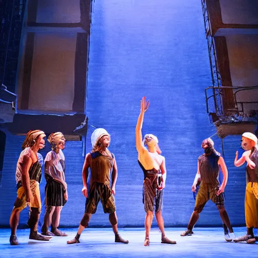 Image similar to award winning Production photo of David and Goliath on broadway, dancing, singing, costumes by Julie Taymor, set design by Julie Taymor