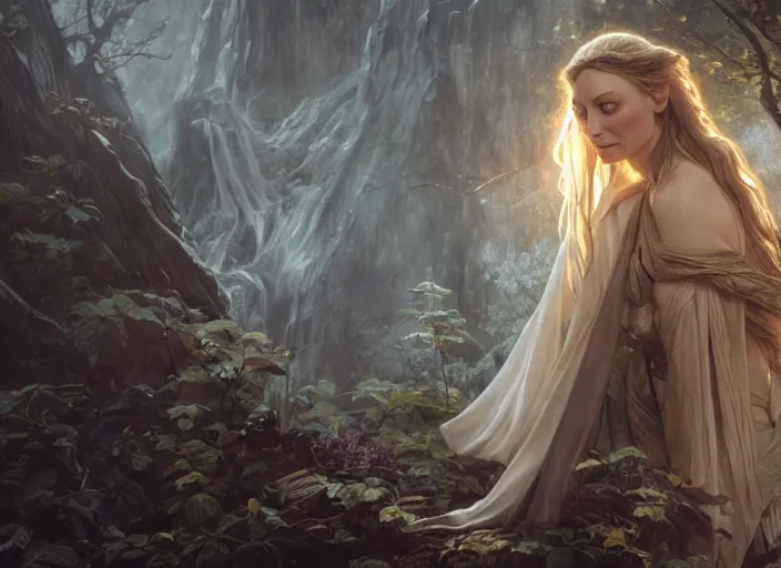 Image similar to a dramatic highly detailed render of Galadriel blended with Gollum, Middle-earth , by WLOP and Artgerm and Greg Rutkowski and Alphonse Mucha, Beautiful dynamic dramatic dark moody lighting, shadows, cinematic atmosphere, Artstation, Octane render, 8K, masterpiece, sharp focus, hyperrealistic, photograph