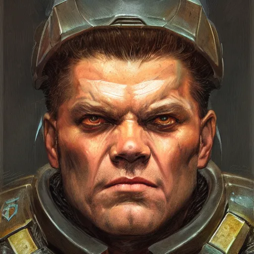 Image similar to the doomguy as a realistic d & d fantasy character, closeup portrait art by donato giancola and greg rutkowski, vintage retro, realistic face, digital art, trending on artstation, symmetry!!