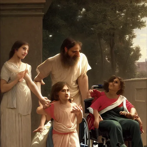 Image similar to the patient was in a wheelchair in the hospital and two family members were standing by. happy, cheerful, sharp focus, artstation, cinematic, hyperdetailed, by william adolphe bouguereau