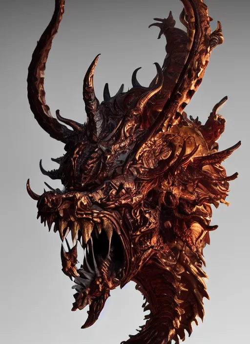 Image similar to high intricate sculpture of a baroque hellfire demon made of porclain, studio light, maria panfilova, andrea savchenko, mike kime, ludovic plouffe, qi sheng luo, oliver cook, trending on artstation