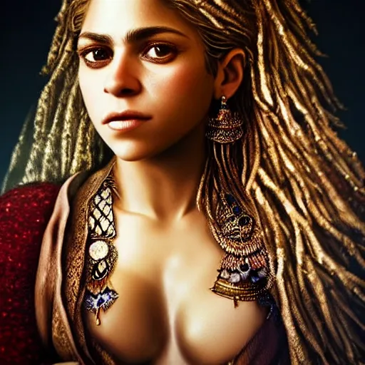 Image similar to beautiful very detailed portrait of Shakira with lots of jewelry, digital art , photos by Annie Leibovitz, moody, models by 500px, dramatic cinematic lighting rendered by octane, 8k, detailed, intricate, clean and textures, trending on artstation, deviantart google images, pinterest