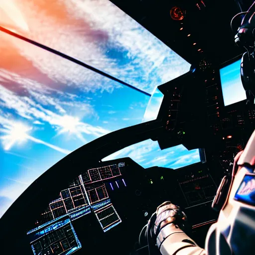 Prompt: ultra wide angle very closeup view of a pilot in a futuristic sci - fi fighter space ship cockpit with large window, intense space laser battle, stunning, dramatic, detailed, hyperrealistic photography, matte colors, simple and stylized