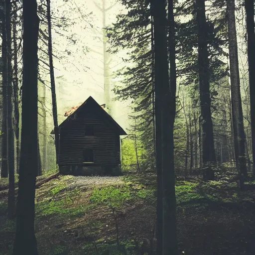 Image similar to a photo of a Eerie cabin in the middle of the woods in the style of blurry iphone footage