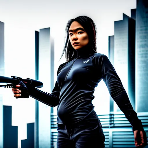 Image similar to photographic portrait of a techwear woman holding a shotgun, closeup, on the rooftop of a futuristic city at night, sigma 85mm f/1.4, 4k, depth of field, high resolution, 4k, 8k, hd, full color, Die Hard, movies with guns, movie firearms