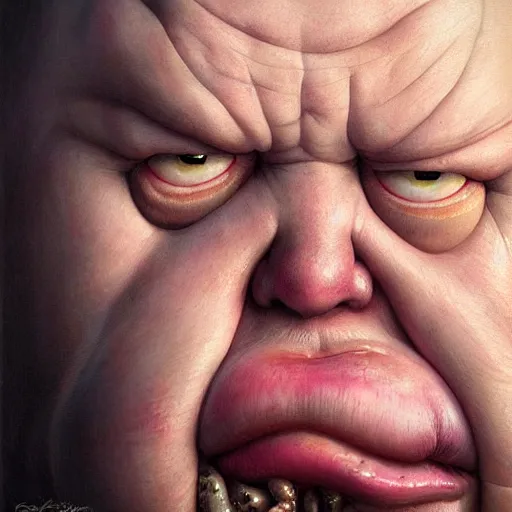 Image similar to hyper realistic, close up portrait of a mega derpy disgusting fat slob by greg rutkowski, scott m fischer, artgerm, loish, slight glow, atmospheric, anne stokes, alexandros pyromallis