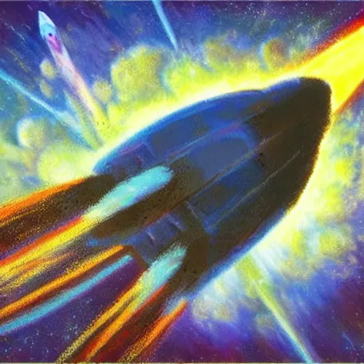 Prompt: A rocketship about to land on an unfamiliar planet, super cool rocket, Acrylic Paint, Concept Art, Digital Art, 16-bit RGB, Global Illumination, by Bob Byerley, by Claude Monet