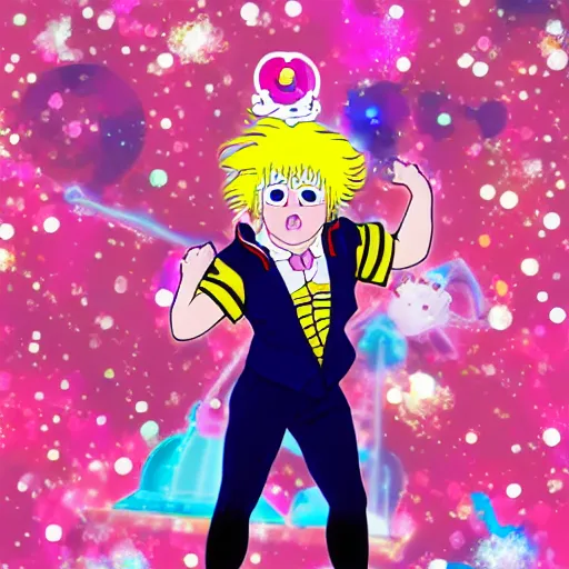 Prompt: boris johnson wearing a sailor moon costume in the style of sailor moon the anime, digital art, colourful, sparkly