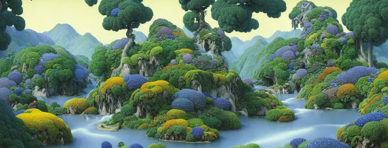 Prompt: a gorgeous very early spring series of lush islands separated by flower - lined streams, twisted gardens, painting by barlowe wayne maxfield parrish and marco mazzoni. tree no leaf!!!! china mountain village!! grey blue and very little light verdancy. the winding stone steps. ultra clear detailed. 3 d, octane render. turbulent blood lake.