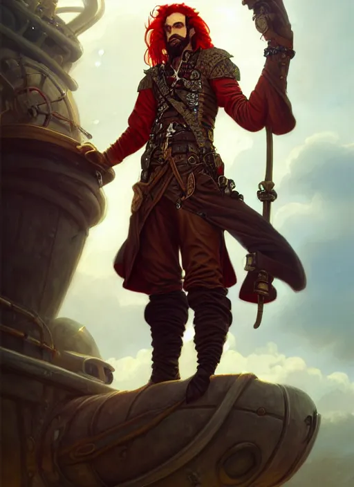 Image similar to full body shot of male airship pirate, D&D, handsome, fantasy, intricate, long hair, airship, steampunk, red hair, elegant, highly detailed, digital painting, artstation, concept art, smooth, sharp focus, illustration, art by artgerm and greg rutkowski and alphonse mucha