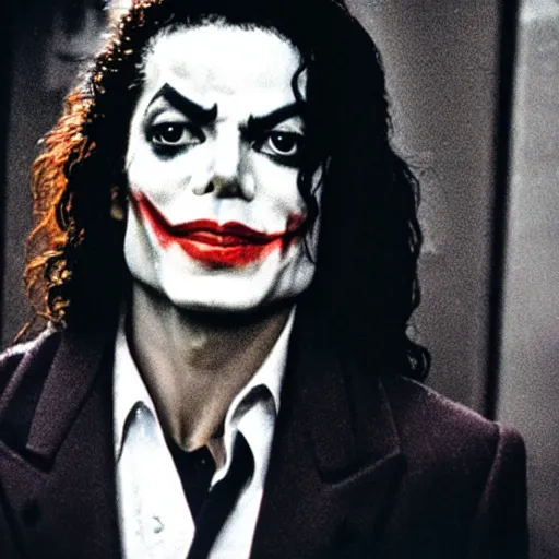 Image similar to a film still of Michael Jackson starring as The Joker, 40mm lens, shallow depth of field, split lighting, cinematic