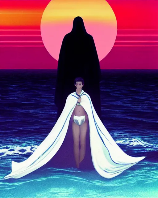 Image similar to a person wearing a white cloak that's blowing in the wind. they are standing in the water. a large planet with rings is visible in the sky. an album cover by stanley twardowicz, trending on cg society, retrofuturism, retrowave, chillwave, synthwave