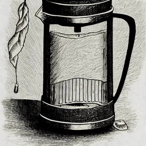 Image similar to coffee french press hand drawn ink on paper, high detail, denoised