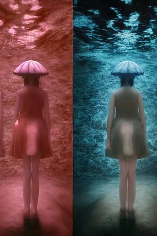 Image similar to 3d realistic dramatic infrared photo of two schoolgirls sisters with a realistic face standing in a dark subway station under water in Japan. Close-up portrait. There are pink palm trees and translucent glow jellyfish flying around. Volumetric composition. Pastel colors in the style of Hiro Kiyohara, redshift, octane, trend artstation, cinematic, hyper realism, high detail, 8k