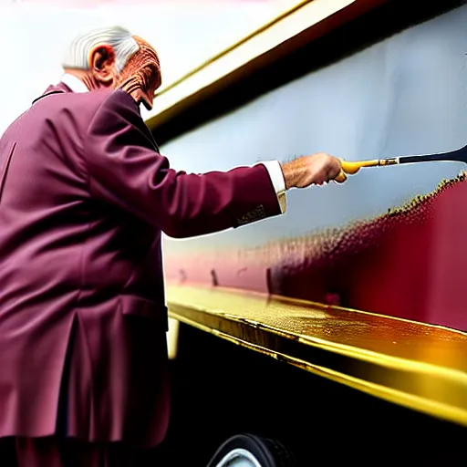 Image similar to wrinkled hunchbacked old man in musty burgundy suit, polishing painting the side of a huge gold plated mega yacht with a cloth, maintenance photo