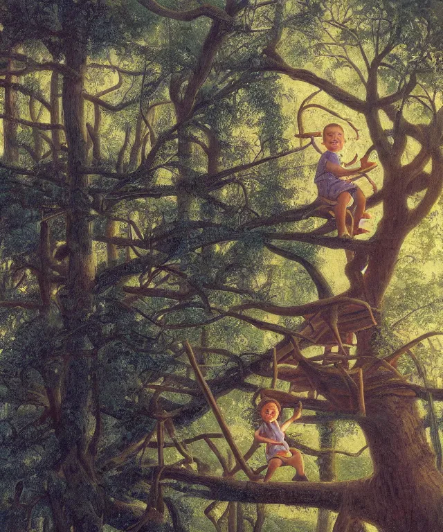 Image similar to masterful oil on canvas painting, eye - level view, shot from 5 0 feet distance, of a kid playing in a treehouse. in the background is a whimsical sparse forest. golden hour, detailed, depth, volume, chiaroscuro, quiet intensity, vivid color palette. by tex avery and gerald brom