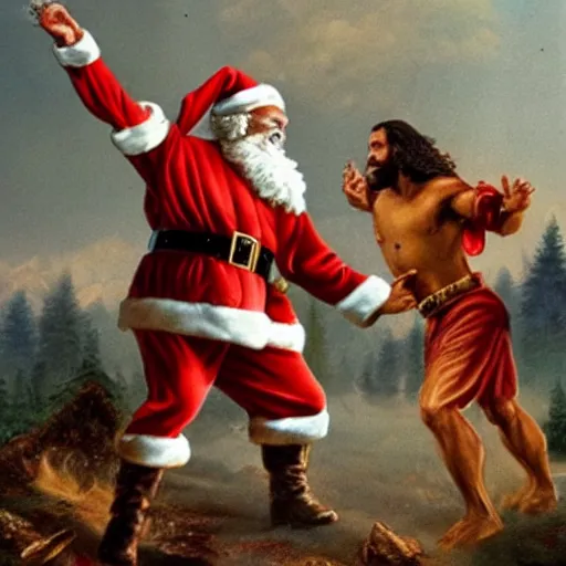 Image similar to Santa Claus vs. Jesus in an epic battle, super bloody battle, to the death