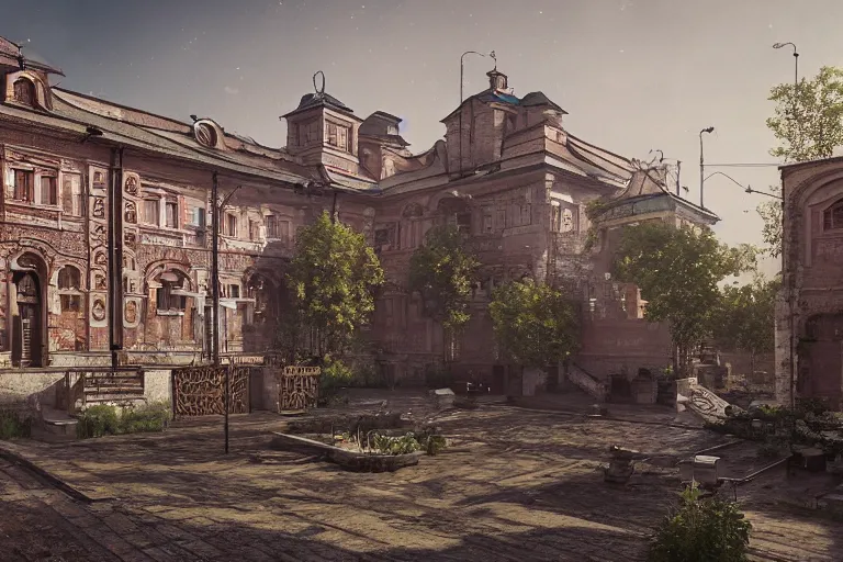 Image similar to a regular russian courtyard with mud and an old playground between two soviet five-storey panel houses, high details, cinematic, 8k resolution, beautiful detailed, insanely intricate details, artstation trending, octane render, unreal engine