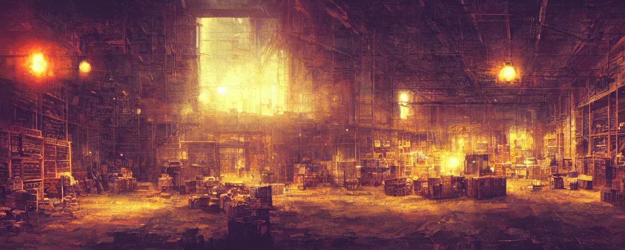 Image similar to ” dusty old warehouse filled with boxes lit by a gas lamp, [ art by paul lehr, cinematic, detailed, epic, widescreen, opening, establishing, mattepainting, photorealistic, realistic textures, octane render ] ”