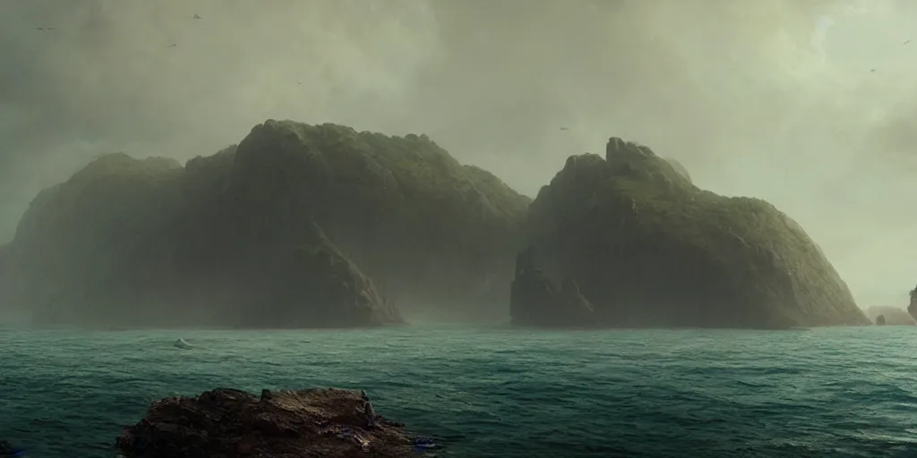 Image similar to epic matte painting of an island, cinematic cinematography masterpiece, greg rutkowski, and ivan aivazovski, roger deakins