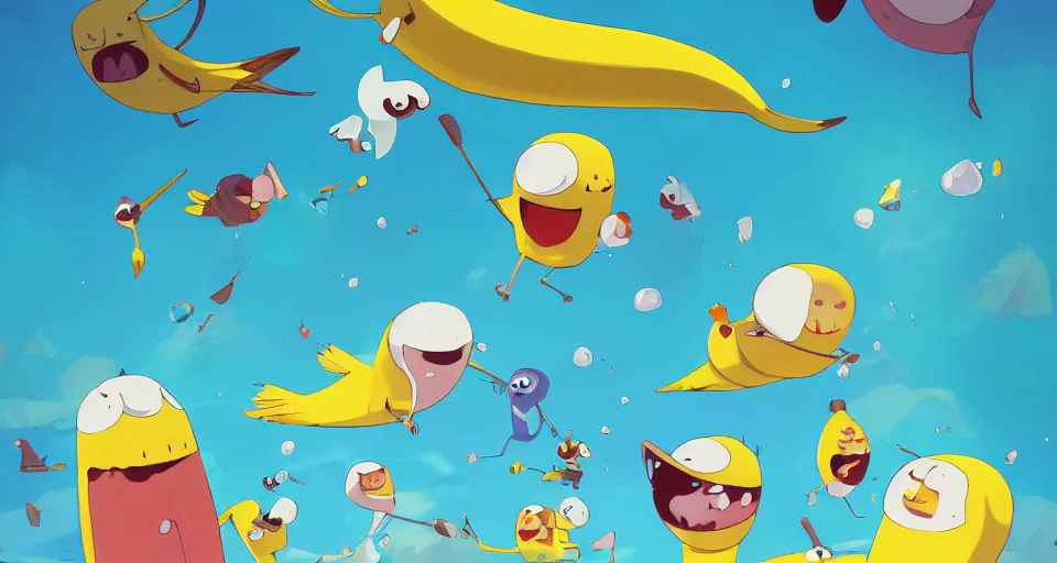 Image similar to cartoon banana birds swimming in ice cream in the style of adventure time, the amazing world of gumball, pixar, toki doki, greg rutkowski and makoto shinkai, trending on artstation