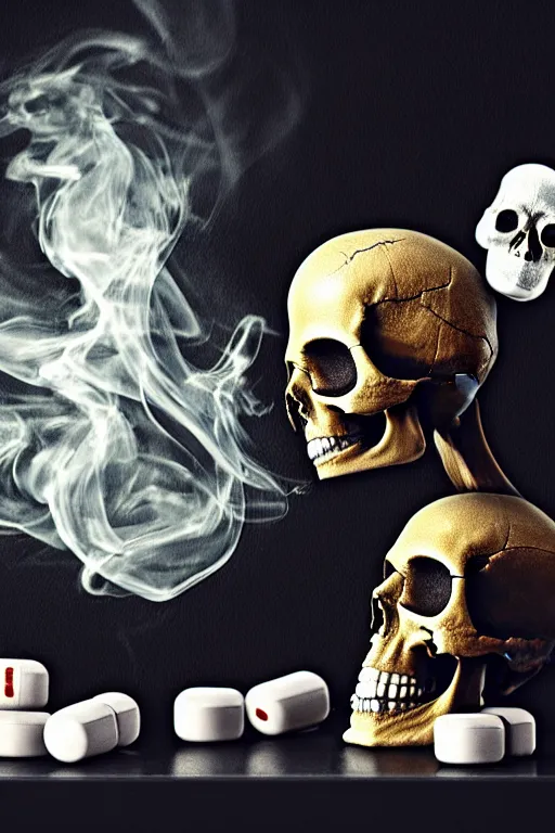 Image similar to stringejä and pile Off pills and a skull on the table, skull made out of smoke coming out of pills, fantasy, intricate, elegant, highly detailed, digital painting, artstation, concept art, smooth, sharp focus, illustration, art by Ilja Repin