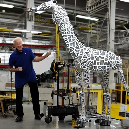 Image similar to prototype robot giraffe being worked on by one scientists engineer, joe biden.