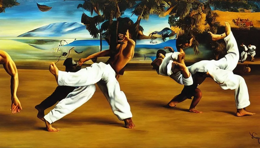 Image similar to capoeira, hyper realistic painting by salvador dali