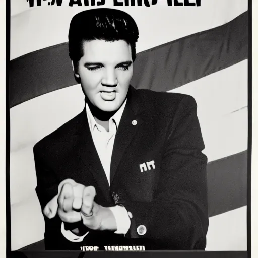 Image similar to campaign poster for elvis presley's presidential run, showing elvis in a suit standing in front of the american flag