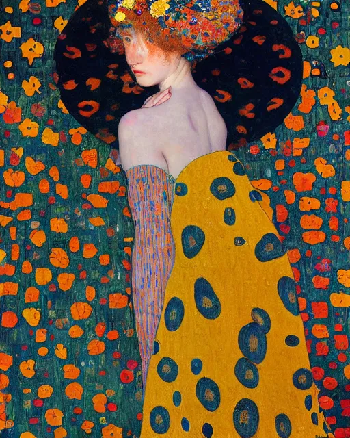 Prompt: a beautiful girl covered with butterflies wearing a colourful patterned dress, painted by gustave klimt, edgar maxence, edward hopper, wayne barlowe, james gilleard and james jean