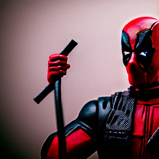 Image similar to realistic plastic figure of deadpool, wearing shirt and red tie, suit jacket, only head and chest, intricate, desaturated, trending on artstation, cinematic composition, dramatic pose, volumetric lighting, sharp, details, hyper - detailed, hd, 4 k, 8 k