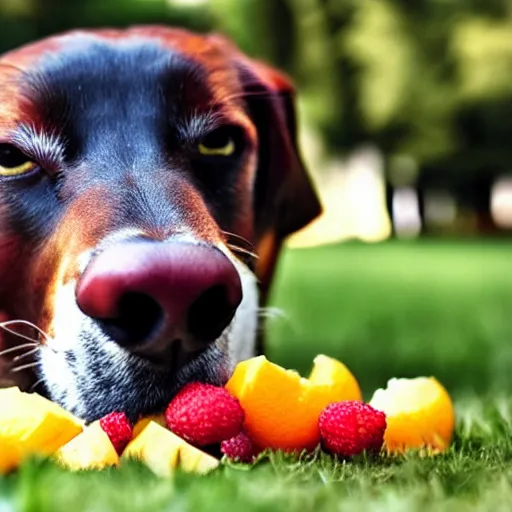 Image similar to dog biting fruit