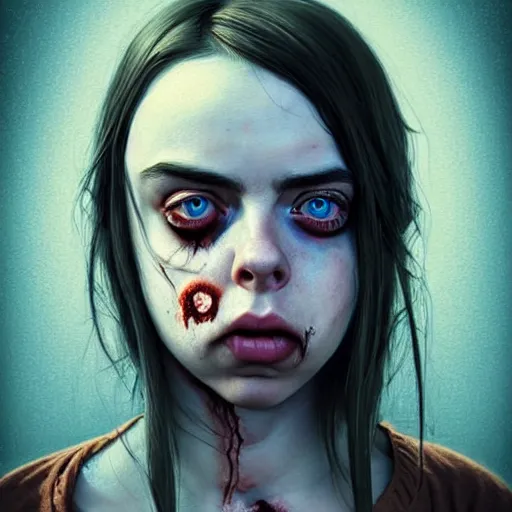 Prompt: gorgeous female Billie Eilish zombie, realistic character concept, medium shot, sarcastic pose, spooky, illustration, horror, symmetrical face and body, realistic eyes, artstation, cinematic lighting, hyperdetailed, detailed realistic symmetrical eyes, cgsociety, 8k, high resolution, Charlie Bowater, Tom Bagshaw, Norman Rockwell, single face, insanely detailed and intricate, beautiful, elegant, graveyard background, vfx, postprocessing