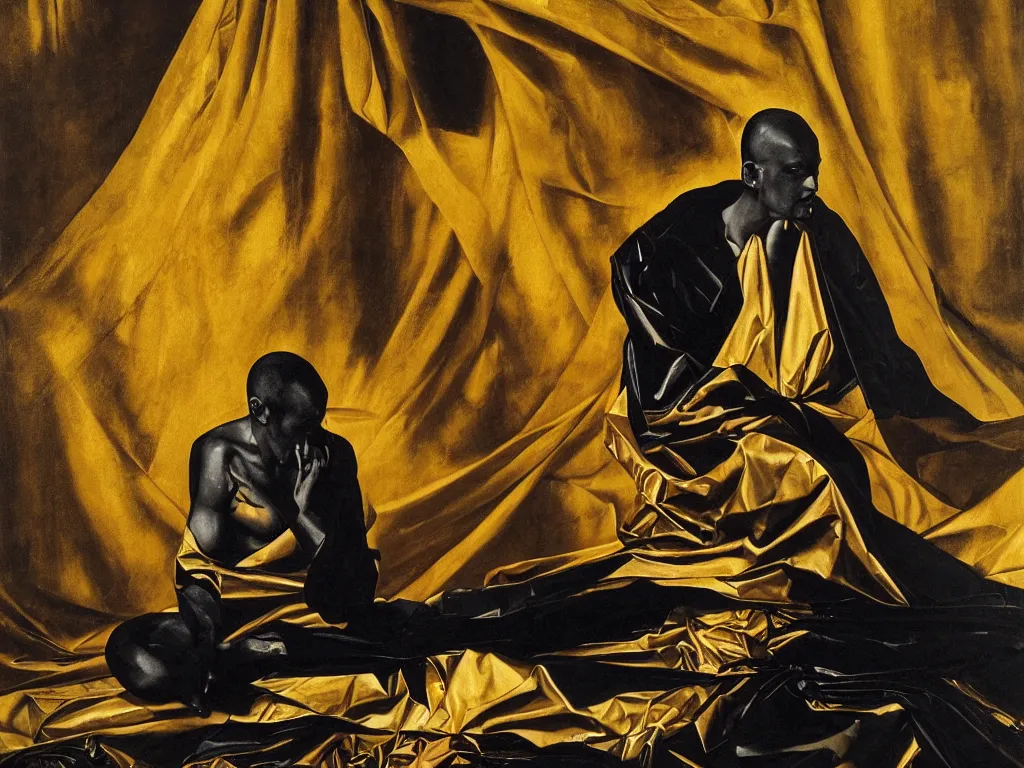 Image similar to hyperrealistic still life oil painting of a 3d sculpture of a monk dressed in black and gold robe, meditating sitting down wrapped in fabric and gently smiling, surrounded by prisms in a tesseract, by Caravaggio and bruce pennington, botanical print, surrealism, vivid colors, serene, golden ratio, minimalism, negative space