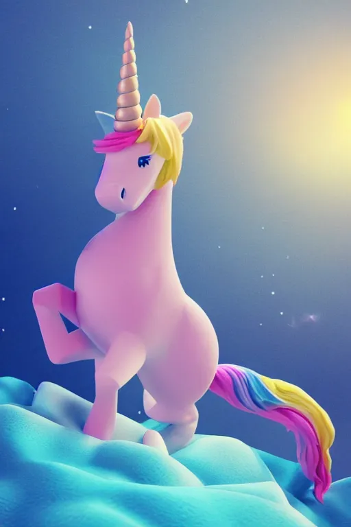 Image similar to geometric 3 d render, soft bright pastel, anthropomorphic egg riding unicorn in the middle, mountains surrounding, rule of thirds