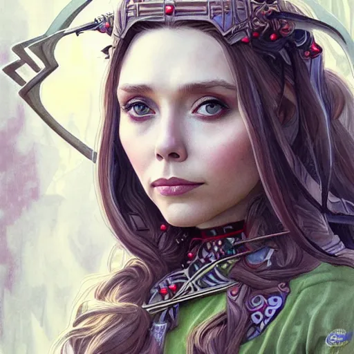 Image similar to Elizabeth Olsen as a elf archer, cute, fantasy, intricate, elegant, highly detailed, centered, digital painting, artstation, concept art, smooth, sharp focus, illustration, art by artgerm and H R Giger and alphonse mucha