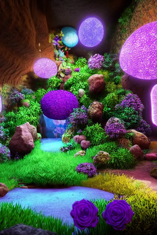 Prompt: in a cave with a miniature hyper - realistic garden of beautiful flowers : 4, beautiful neon lights : 6, highly symmetrical, balanced, purple lightning clouds : 3, octane render, violet sun : 2, in the style of sahm : 3, hd, 4 k, ultra - realistic, in unreal engine