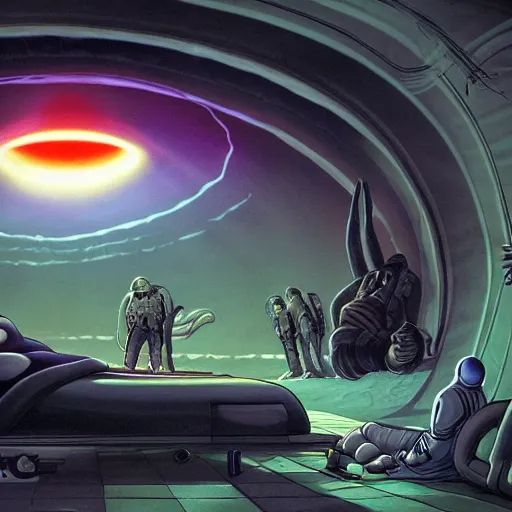 Image similar to waking up from coma, first person view, being cared for by primitive extraterrestrials, cinematic, worm's eye view, dramatic lighting, illustration, ron cobb, mike mignogna, science fiction