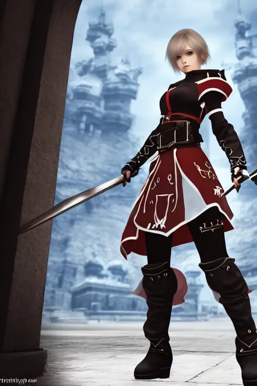 Image similar to a beautiful female guard from final fantasy showing the