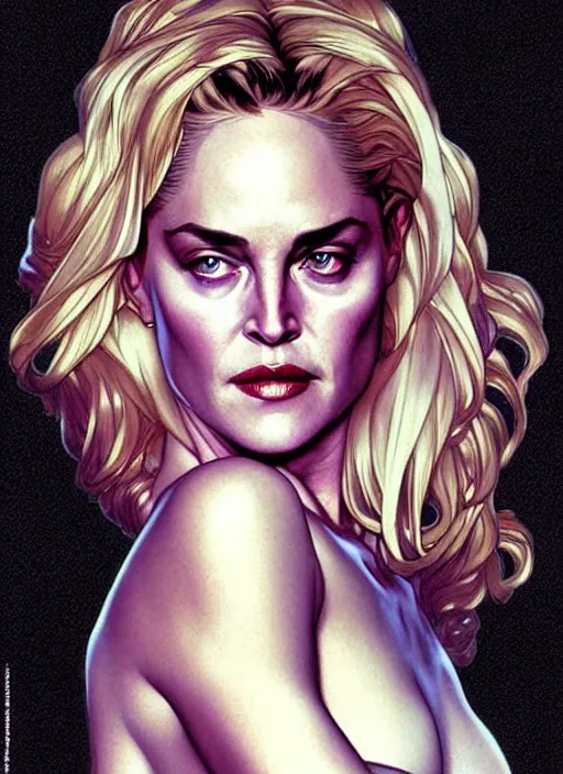 Prompt: young sharon stone as a serial killer queen, incredibly detailed face, light half opened dress, true anatomy, art by artgerm and greg rutkowski and alphonse mucha