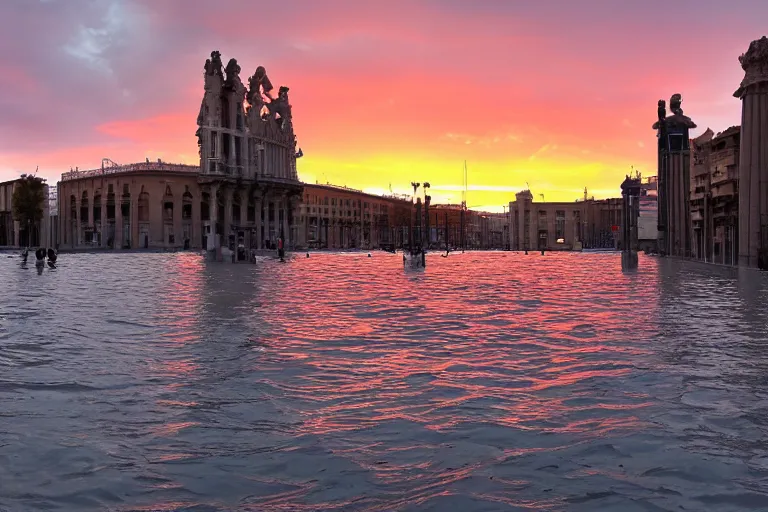 Image similar to views of catastrophic barcelona's downtown covered with high water, global warming, floating cars, sunset lighting, photo real