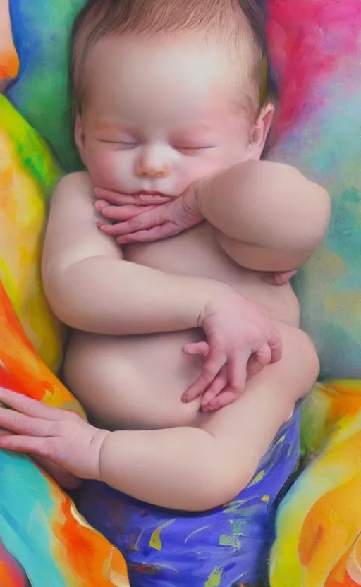 Prompt: beautiful detailed painting of a baby sleeping peacefully. award winning. vibrant colors, funny, personal, positive, visually pleasing, engaging. high resolution. high quality. photorealistic. hq hd. 8 k. trending on artstation. group of friends laughing. award winning