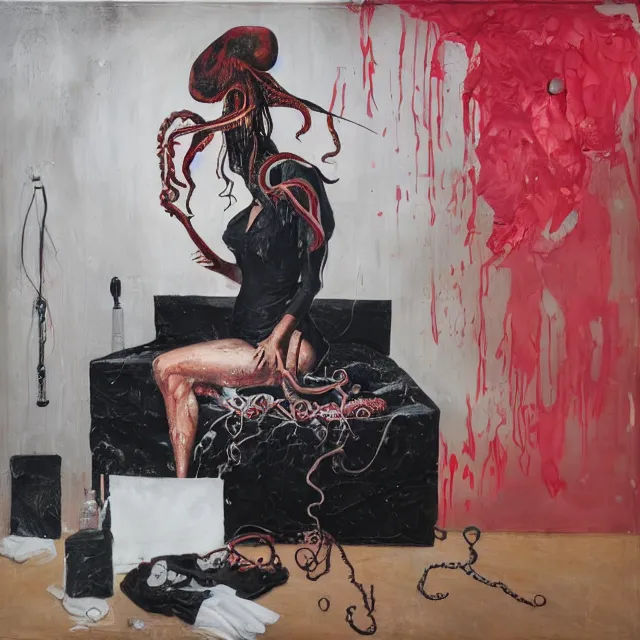 Image similar to empty room with black walls, a portrait of a female pathologist holding an octopus, intravenous drip, wilted flowers, pomegranate, berry juice dripping, neo - expressionism, surrealism, acrylic and spray paint and oilstick on canvas