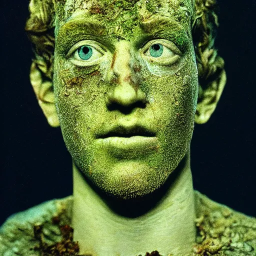 Image similar to Award-winning photograph by Cindy Sherman. The photo depicts a decaying roman bust of Mark Zuckerberg overgrown with moss at the bottom of the sea in the middle of ruins of civilization. Minimalism, high definition, perfect composition. Deep sea picture. Very dark. Volumetric Lighting. Fish. Darkness. Ruins