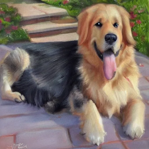 Image similar to a painting of a cute golden retriever with a german shepherd