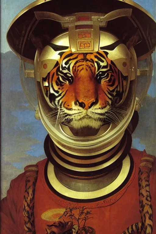 Image similar to portrait of a tiger astronaut with chinese dragon armor and helmet, majestic, solemn, by bouguereau